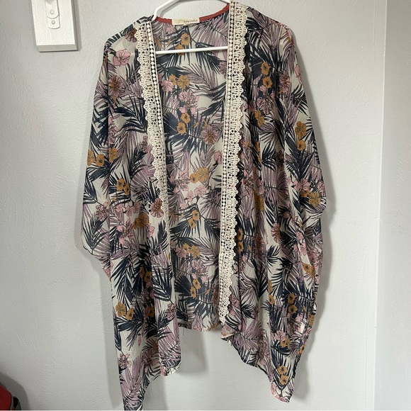 Sheer Boho lightweight beachy Floral Kimono embroidered Trim open front cardigan - Picture 1 of 9